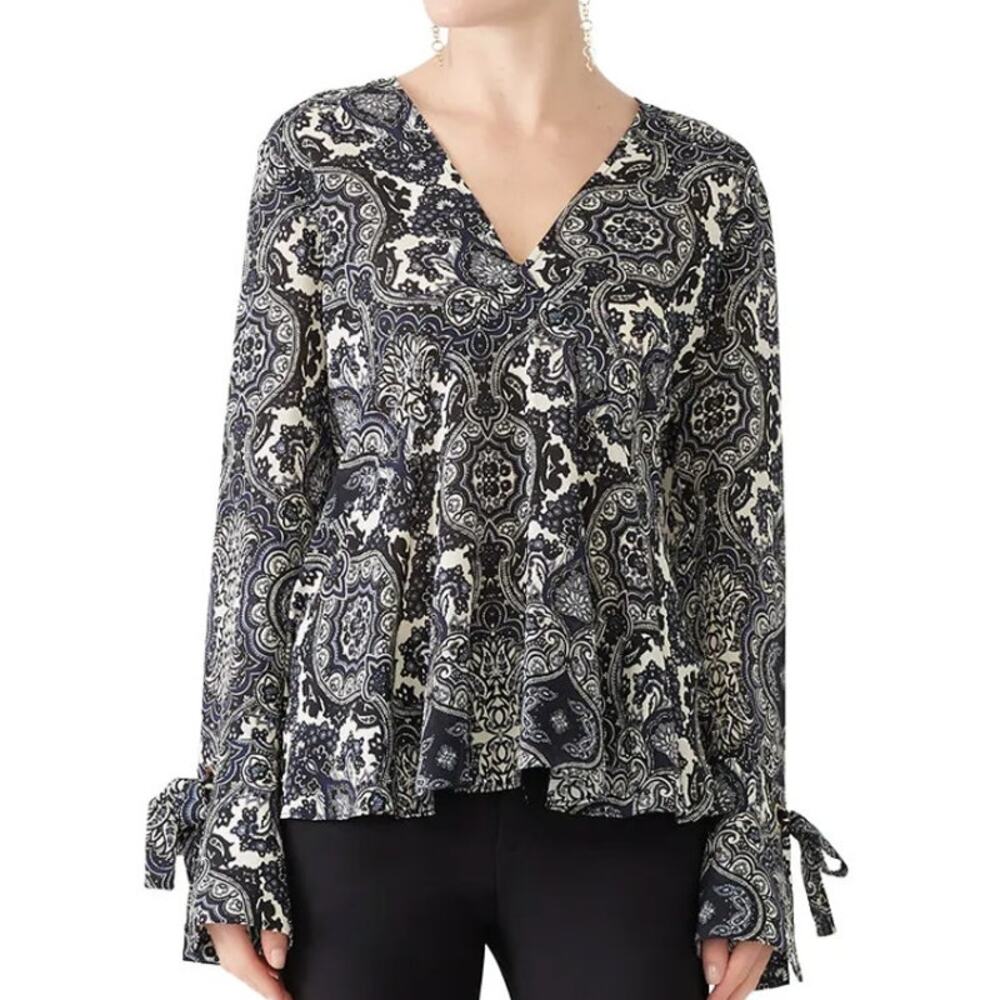 Shoshanna‎ Malone Paisley Top Blouse Black White V-Neck Long Sleeve Sz S